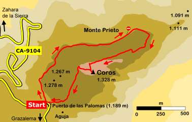 Wanderkarte: Vom Puerto de las Palomas auf den Coros (Sierra de Grazalema)