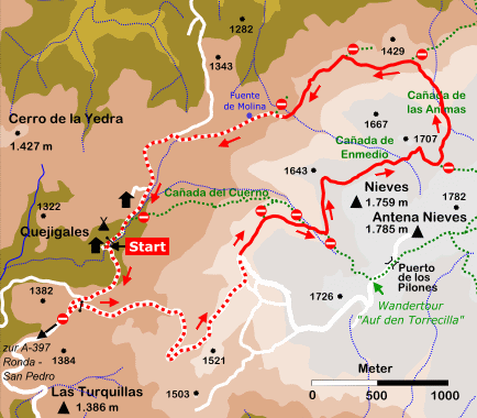 Karte der Wanderung von Quejigales durch den Igeltannenwald von Ronda