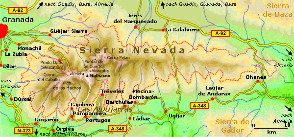 Karte der Sierra Nevada, Andalusien, Spanien